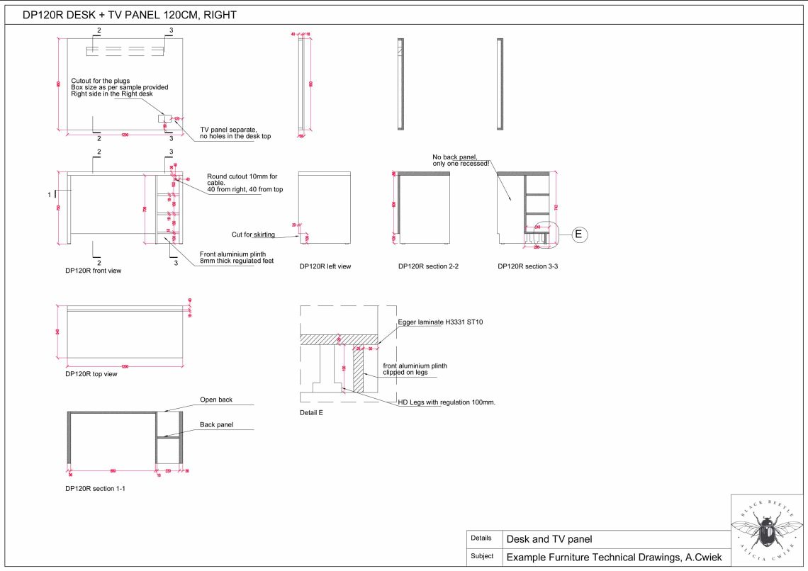Furniture technical drawings example hotel desk